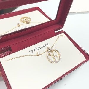 Liz Claiborne Monogram "K" Silvertone Rhinestone Jewelry Set in Gift Box NEW